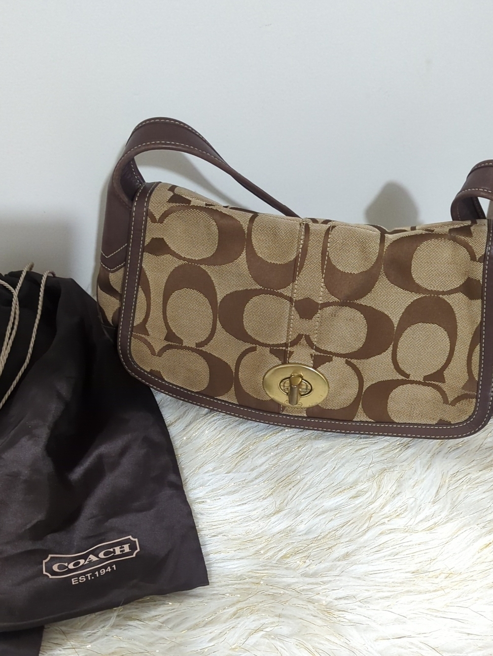 Coach Brown Signature Canvas Turn-Lock Shoulder Bag